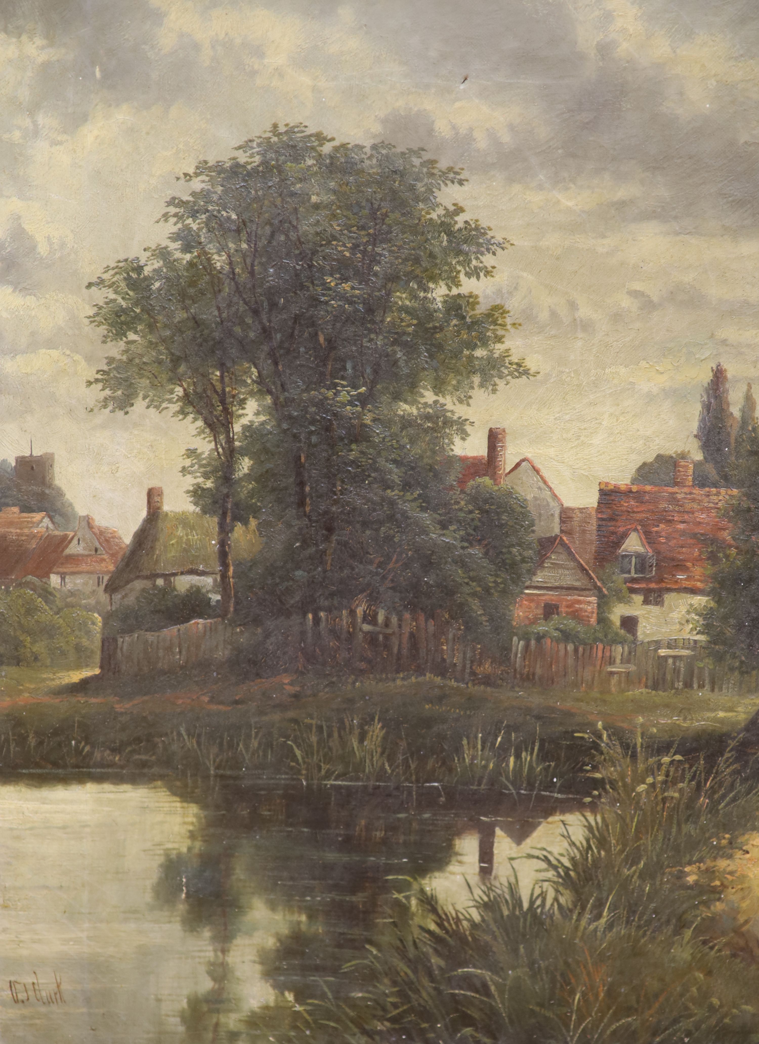 Octavius Thomas Clark (1850-1921), oil on canvas, Waterside houses, signed, 44 x 35cm